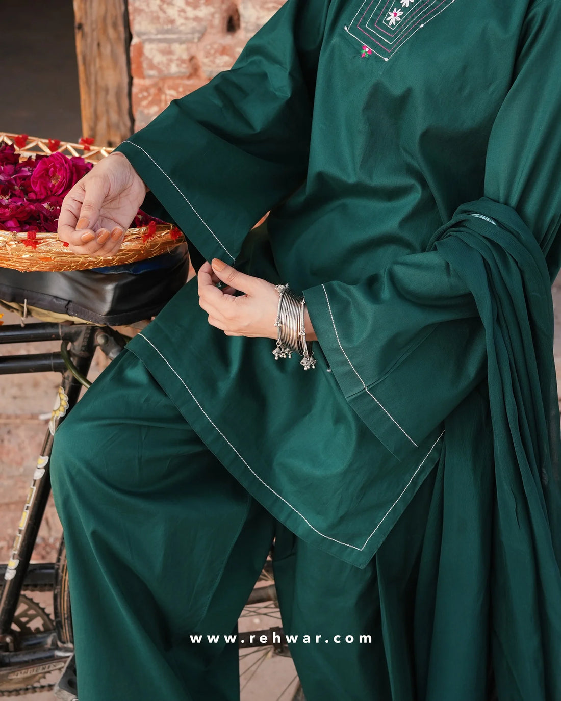 Green Farshi Set | Elegant Cotton Short Shirt with Farshi Shalwar by Rehwar