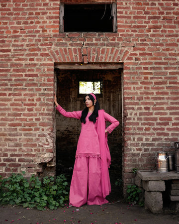 Tea Pink Cotton Short Shirt Set with Flared Palazzo