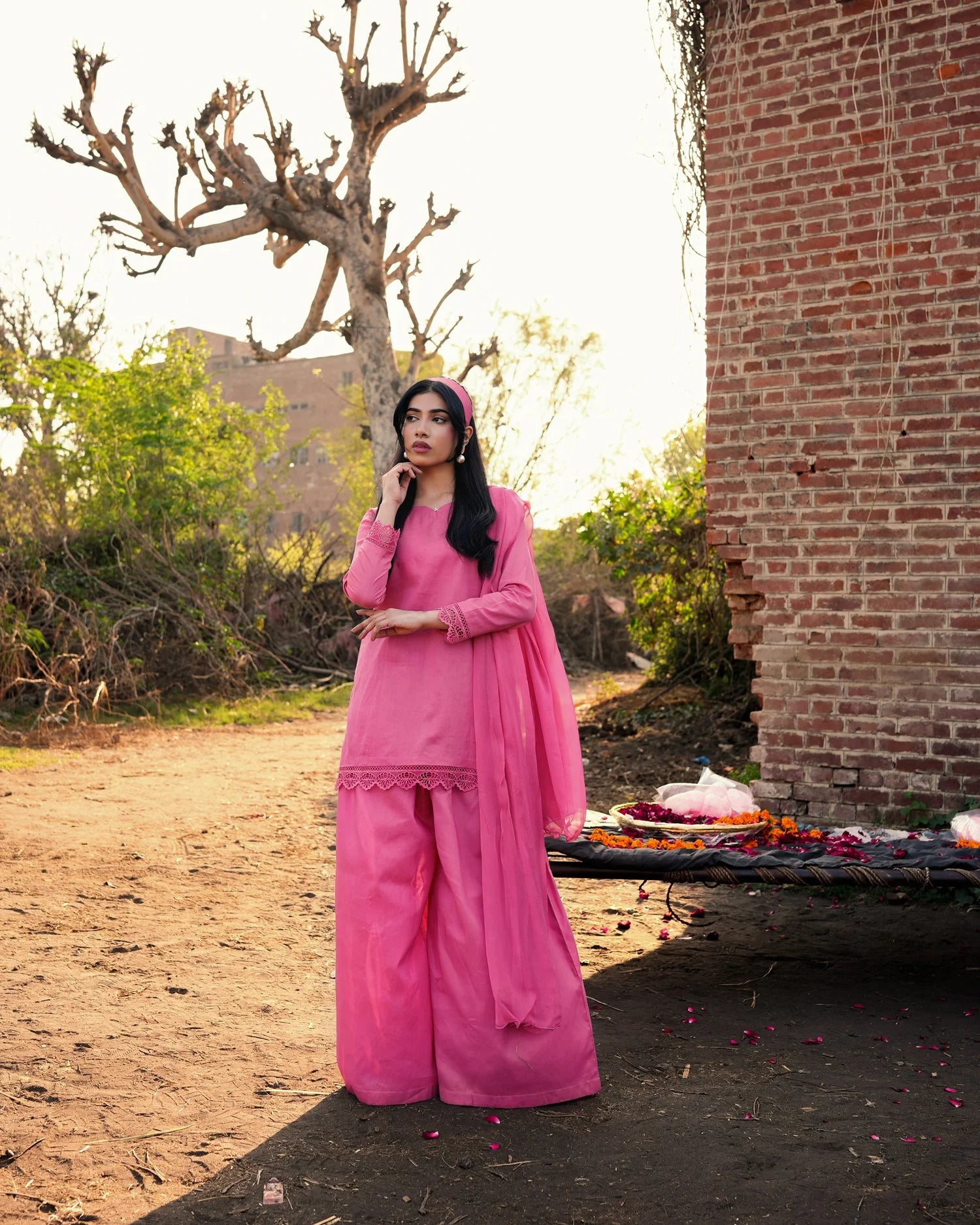 Tea Pink Cotton Short Shirt Set with Flared Palazzo