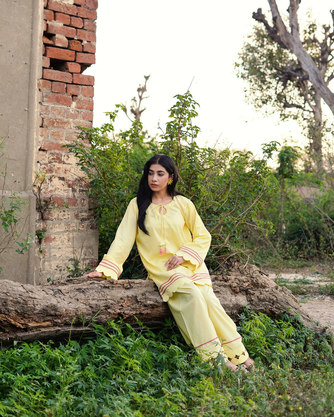 Lemon Yellow 2PC Set Elegant Summer Outfit with Embroidered Details | Rehwar