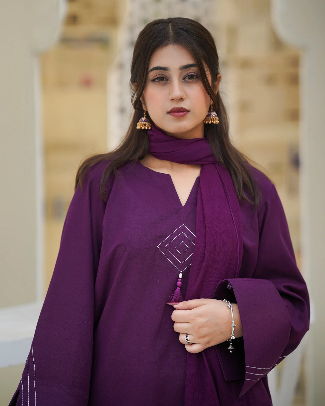 Plum Khaddar Embroidered Suit with Straight Pants