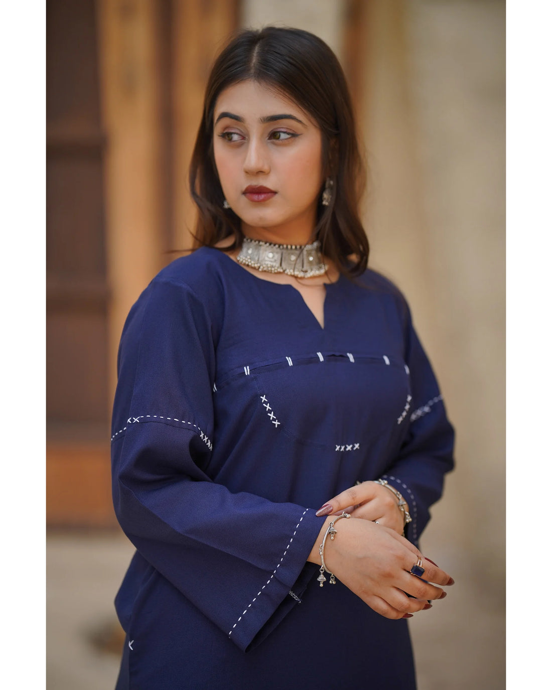 Navy Blue Dhanak Embroidered Long Shirt with Flared Pants