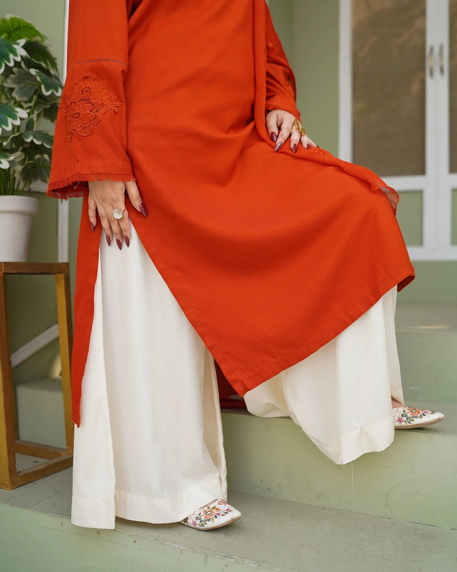 Rust Long Kurta with Cream Flared Palazzo