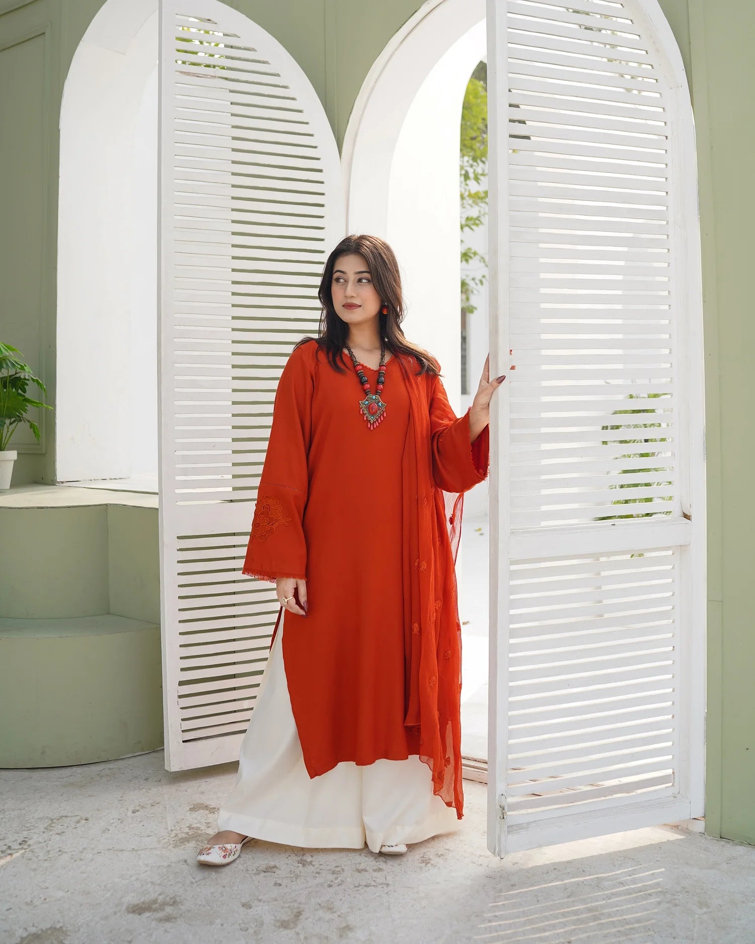 Rust Long Kurta with Cream Flared Palazzo